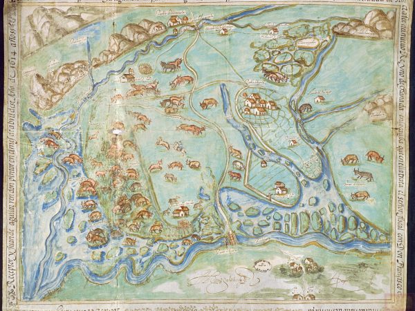 Old illustration of cattle spread out across a colorful map.